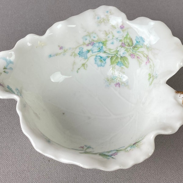 Vintage Haviland, Limoges Bowl, Ruffled Edge, Floral Pattern, Gilt Trim, Candy Dish, Nut Dish,  Blue, Violet and Green, Tea Party Pretty