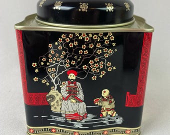 Vintage Tin Tea Caddy, Tin Lithograph Container, Lung Chin Tea, Lovely Black, Red, Gold Graphics, Stands 4 1/2" tall x 3 3/4" wide, Square