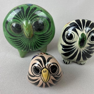 Vintage, Group of 3, Ceramic Owls, Mexican Tonala Pottery, Folk Art Pottery, Ken Edwards, El Palomar, Tlaquepaque, Mexico, Gorgeous Colors