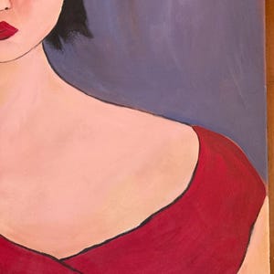 May include: A painting featuring a woman's face and shoulder. The woman has dark hair, red lips, and is wearing a red dress. The background is a mix of light pink and blue-gray.