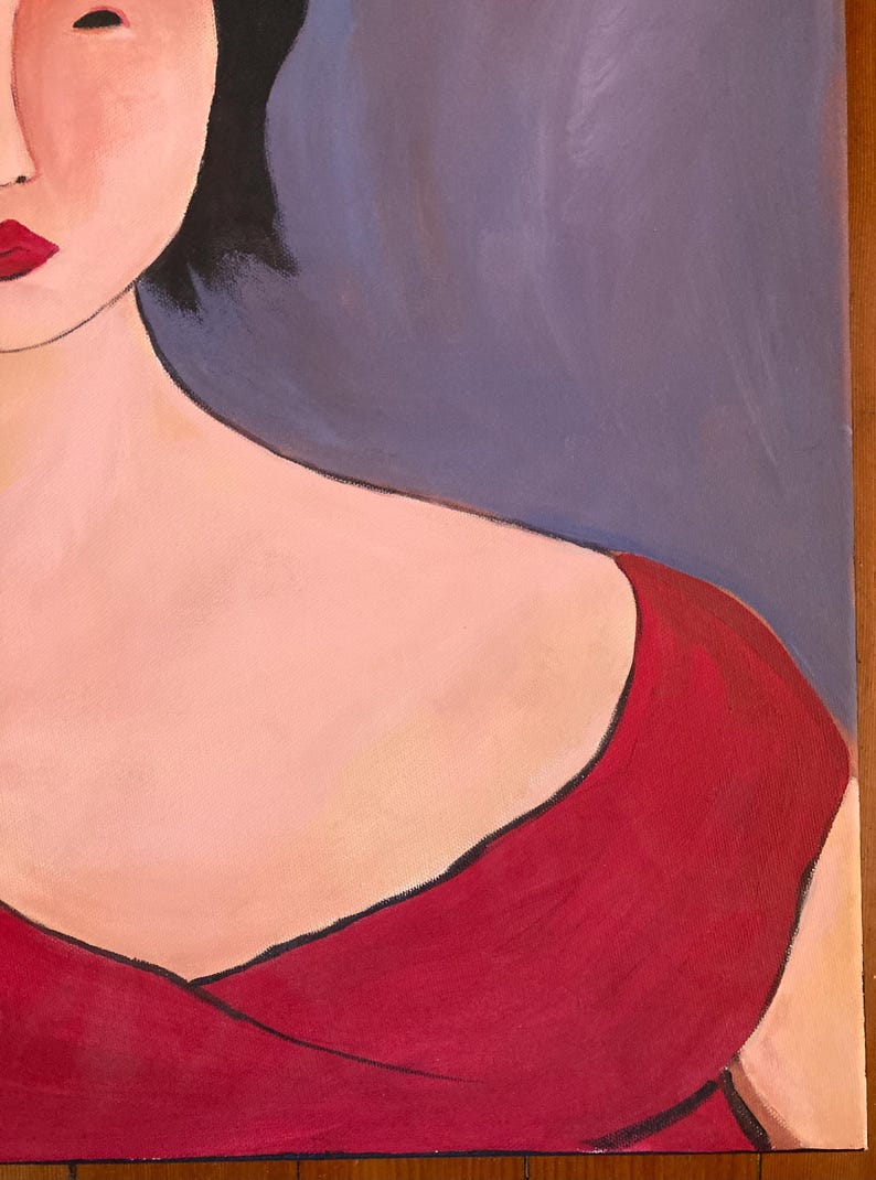 May include: A painting featuring a woman's face and shoulder. The woman has dark hair, red lips, and is wearing a red dress. The background is a mix of light pink and blue-gray.