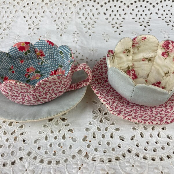 Vintage, Hand Made, Teacups, "Tea For Two", Pieced Patchwork, Cotton Fabric Teacups, Trinkets, Ring Holders, Floral Fabrics