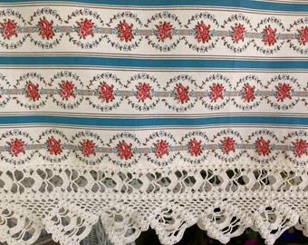 Vintage Handmade Pillowcases, Pair, Floral Pillow Ticking Stripe, Pink and Red Rose, Blue Stripes, 100% Cotton, Hand Crocheted Lace Edging