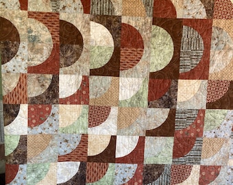 Vintage Quilt, Hand Made, One of a Kind, Pieced Patchwork, Queen-KngSize, 94 x 106", 1Cotton Fabrics, Fall Colors, Green, Brick Red, Brown