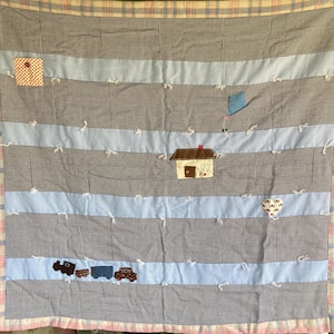 Vintage, Baby Crib Quilt or Stroller Quilt, Pieced Patchwork, with Appliqué, Hand Made, One of a Kind, Measures 38 x 40", Train, House, Kite