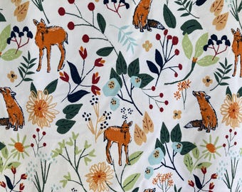 Vintage Bed Sheet Set, Queen Bed Size, 2 Pieces, 1 Flat Sheet, 1 Fitted Sheet,"Woodland" Print, Foxes and Deer, Green, Burnt Orange, Blue