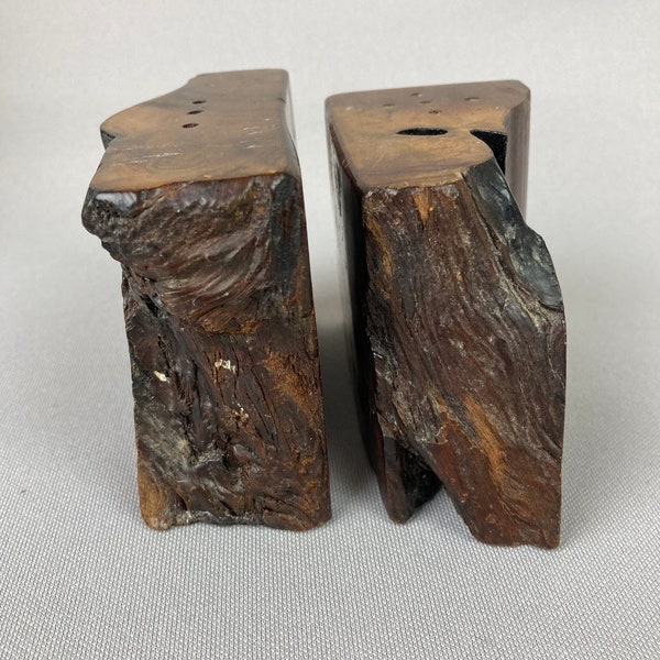 Vintage Salt and Pepper Shakers, Hand Made, Hard Wood with Live Edge, Dark Wood, Organic Shape, Approx. 4" wide x 2 3/4" tall, with Stoppers