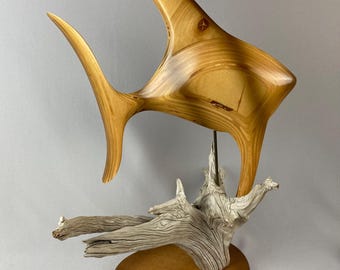 Vintage Hand Carved Sculpture, Object de Art, Stylized Fish, Natural Driftwood Base, 21 1/2" tall x 17 1/2" wide, Blond Laminated Hardwoods