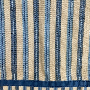Vintage, Ralph Lauren Flat Bed Sheet, Full-Double Bed Size, Shades of Denim Blue Stripes, Cuff Has Solid Stripe of Trim, 100% Cotton