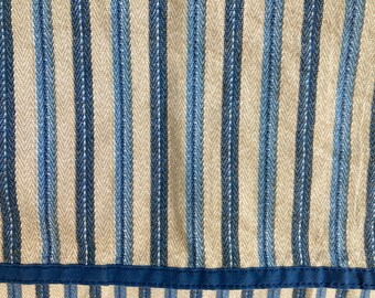 Vintage, Ralph Lauren Flat Bed Sheet, Full-Double Bed Size, Shades of Denim Blue Stripes, Cuff Has Solid Stripe of Trim, 100% Cotton