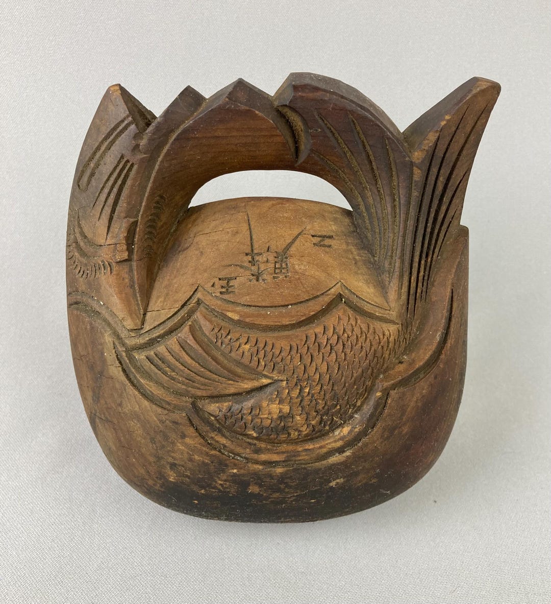 Antique Mokugyo, Japanese Wooden Fish Drum, Hand Carved, 7 1/2