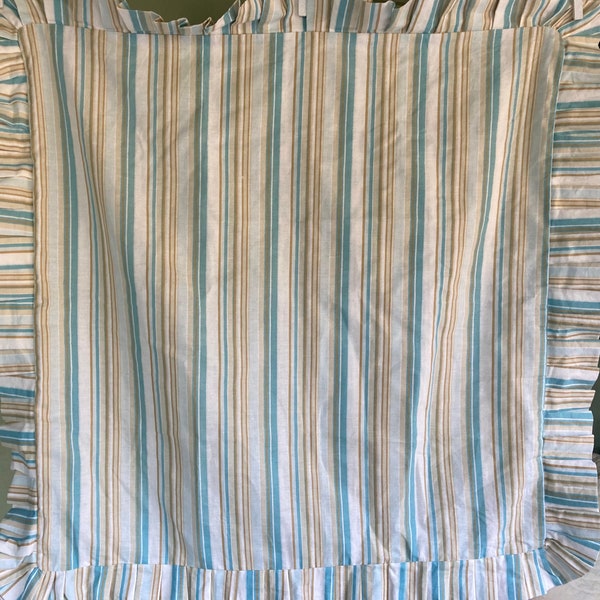 Vintage Pillow Sham, Single of Sham, Unused Sham, Euro Size, 26" Insert Size,  Striped, Aqua Blue, White and Gold,  Ruffled, 100%  Cotton