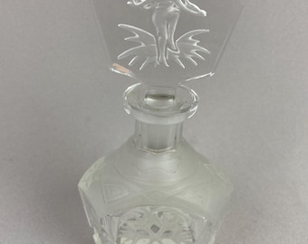 Vintage Art Deco Bohemia Crystal Perfume Bottle, Czechoslovakia, with Etched Stopper w/ Venus, Bottle Has Satin Finish, Geometric Starburst