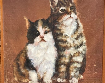Vintage Original Oil Painting,"Best Friends" Two Fluffy Kitties, Naive Oil Painting, Measures 15 x 18 1/2",  Stretched Canvas, Pet Portrait