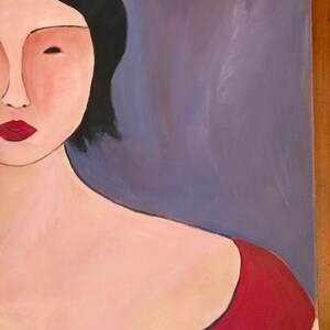 May include: An abstract painting of a person's face and upper body. The person has black hair, red lips, and is wearing a red top. The background is a muted purple color.