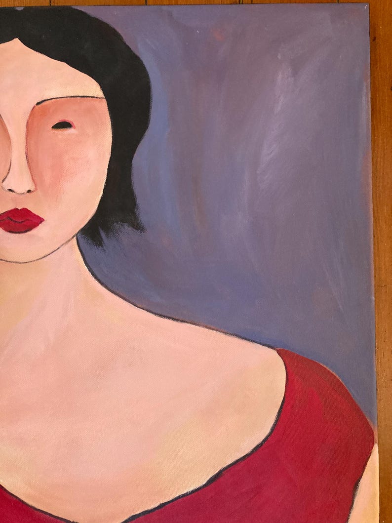 May include: An abstract painting of a person's face and upper body. The person has black hair, red lips, and is wearing a red top. The background is a muted purple color.