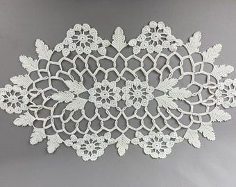 Vintage Doily, Hand Crocheted, White, Flowers and Leaves, Measures 29 x 16",  Cotton, Table Topper, Cottage Core