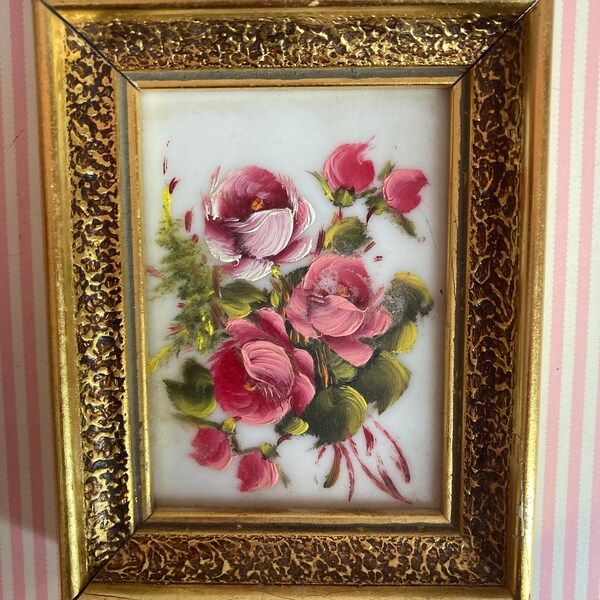 Vintage, Hand Painted Picture, Pink Roses with Green Leaves, Fancy Gold Frame, Painted on glass, 5 x 4", "Verilyn Gallery" Made in Spain