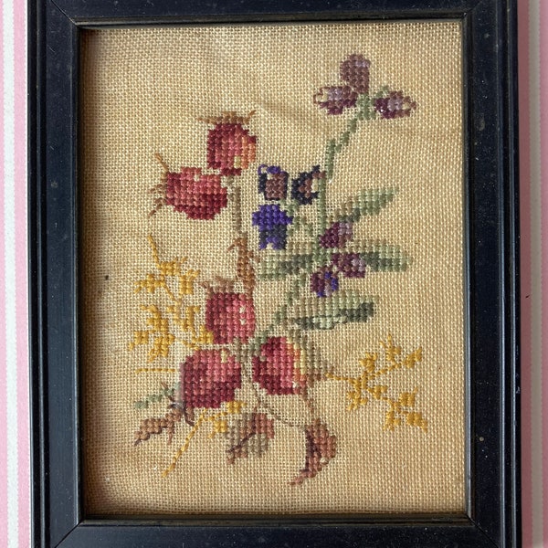 Vintage Cross Stitched Picture, Assorted Berries with Rose Hips, Stitched on Fine Linen, Narrow Black Vintage Frame, Measures 4 5/8 x  5 5/8