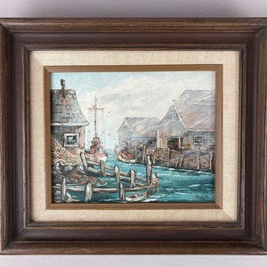 Vintage, Original Oil Painting, Fishing Village, Fishing Boats, Original Wood Frame, Measures 14 1/2 x 12 1/2", Foggy Day, Fishing Shacks