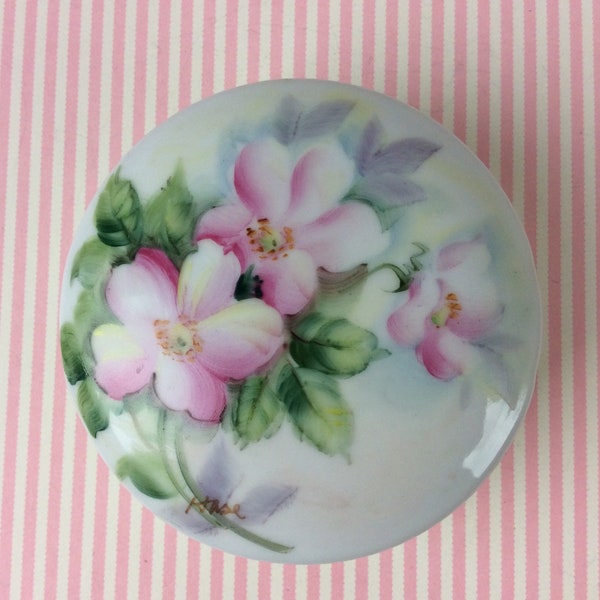 Vintage Trinket Box or Jewelry Box, Hand Painted Porcelain, Pink Single Roses with Green Foliage, Signed by the Artist, 3 1/2" Diameter