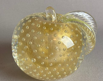 Vintage Murano Glass Paperweight, Apple Paperweight, Bullicante, With Aventurine, 4 1/2" tall x 4 3/4" wide, 1970's Glass Paperweight
