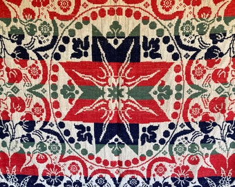 Antique Overshot Coverlet, Early Century, Wool coverlet, 4  Colors, Red, Green, Blue and Off White, Signed, Starburst Center
