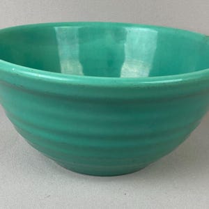 May include: A turquoise ceramic bowl with a glossy finish. The bowl has a rounded shape with a slightly flared rim and a series of horizontal ridges around the exterior. The bowl is empty and sits on a neutral surface.