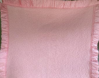 Vintage Baby Blanket, 100% Virgin Wool, Measures 43 x 26 1/2",  "Kenwood" Brand, Made in Canada, Soft Pink, Pink Satin Binding
