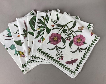 Vintage, Table Napkins, Dinner Napkins, Portmeirion "Botanic Gardens", 100% Cotton Fabric, Set of 7 Napkins, Botanical Prints, w/Butterflies