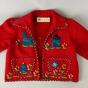 Vintage, Red Wool Jacket, Child&#39;s Jacket, Souvenir From Mexico, Red Wool with Hand Appliqué and Embroidery, Toddler Size, &quot;Sanchez&quot; Jacket