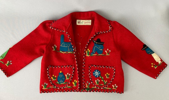 Vintage, Red Wool Jacket, Child's Jacket, Souvenir From Mexico, Red Wool with Hand Appliqué and Embroidery, Toddler Size, "Sanchez" Jacket