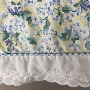 Vintage, Flat Bed Sheet, King Bed Size, Floral Print with Embroidered White Cuff and Checked Piping, 100% Cotton Fabric, "Sheridan" Brand