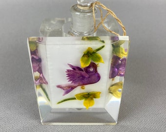 Vintage, Perfume Bottle, Lucite Perfume Bottle, with Embedded Purple Bird and Green Leaves,  Mid-Century, Removable Glass Perfume Flacon