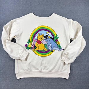 Disney Winnie the Pooh Vintage Sweatshirt Women M Cream Chenille Patch Pullover