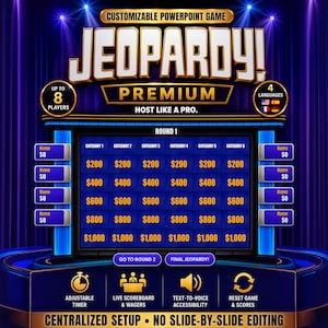 Op de afbeelding: Een digitaal Jeopardy! Premium PowerPoint-spel met een blauw raster, zes categorieën en geldbedragen van $200 tot $1.000. De interface bevat acht scorevakken voor spelers, navigatieknoppen en iconen voor een timer, scorebord en audio-instellingen.
