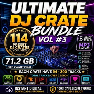 May include: A digital bundle titled Ultimate DJ Crate Bundle Vol #3, featuring 114 preset crates, 71.2 GB of high-quality mixes, and over 22,000 tracks. Includes categories like Dancehall, Reggae, Afrobeats, Soca, Hip-Hop, Amapiano, R&B, and Retro Hits.