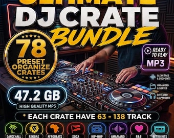 May include: A digital product advertisement titled Ultimate DJ Crate Bundle featuring 78 preset organized crates, 47.2 GB of high-quality MP3 files, and 63-138 tracks per crate. Includes icons for Dancehall, Reggae, Afrobeats, Soca, Hip-Hop, Amapiano, R&B, and Retro Hits.