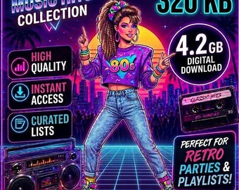 May include: A digital music collection advertisement featuring a person in 80s attire, a boombox, and a cassette tape. Text includes 80s MUSIC HITS COLLECTION, 450+ TRACKS, 320 KB, 4.2 GB DIGITAL DOWNLOAD, HIGH QUALITY, INSTANT ACCESS, and CURATED LISTS.