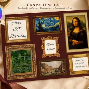 May include: A rectangular Canva template for a birthday invitation featuring a dark red background with multiple ornate gold frames. The frames contain famous art prints, blank spaces for text, and the printed text Alex's 30th Birthday, You're invited!, and October 5th 8-10PM 893 Frame St.