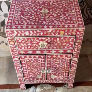 Handcrafted Pink Floral Bone Inlay Bedside Table, Indian Mother of Pearl Nightstand