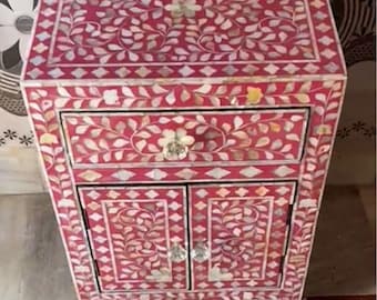 Handcrafted Pink Floral Bone Inlay Bedside Table, Indian Mother of Pearl Nightstand