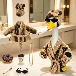 May include: A white goose figurine wearing a brown and white spotted plush bathrobe, a matching headband, and black sunglasses. Accessories include a gold chain, a donut, a coffee cup, and a cigarette. A separate robe and headband are included.