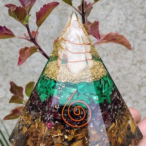 Wealth Orgone Pyramid: Selenite,Tiger Eye, Garnet, Malachite Orgonite Pyramid