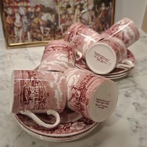 Vintage Palissy Pottery Thames River Scenes Mugs – Red Transferware (Set of 6)