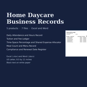 Peut inclure: Modèles numériques Home Daycare Business Records comprenant 5 produits et 7 fichiers aux formats Excel et Word. Inclut un registre des frais de scolarité, présence, pourcentage d'espace-temps, repas et conformité sur des pages de 21,59 par 27,94 cm.