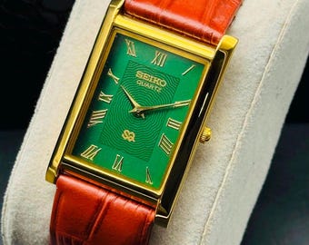 Seiko Vintage Tank Style Quarzuhr mit römischem Zifferblatt, ultraflach, Grün-Gold