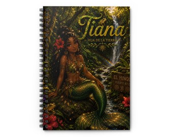 Cuaderno espiral con ilustración de la sirena Tiana / Diario rayado, Arte del bosque tropical