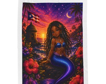 Manta de felpa de terciopelo con diseño de sirena tropical al atardecer / Ilustración de sirena, flores de la isla