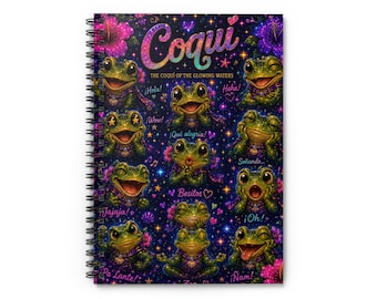 Cuaderno espiral Coqui Frog Faces / Diario original, 6 x 8 pulgadas, con renglones.